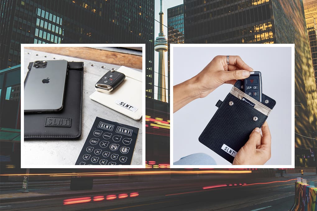 SLNT tech accessories including phone case, wallet, and stickers displayed on desk with smartphone and car key