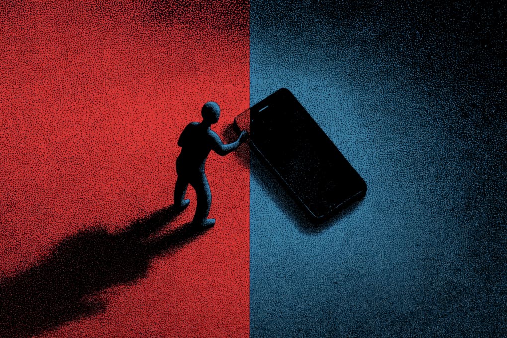 Figure pushing against a giant smartphone on red and blue background, representing the struggle with cyberbullying