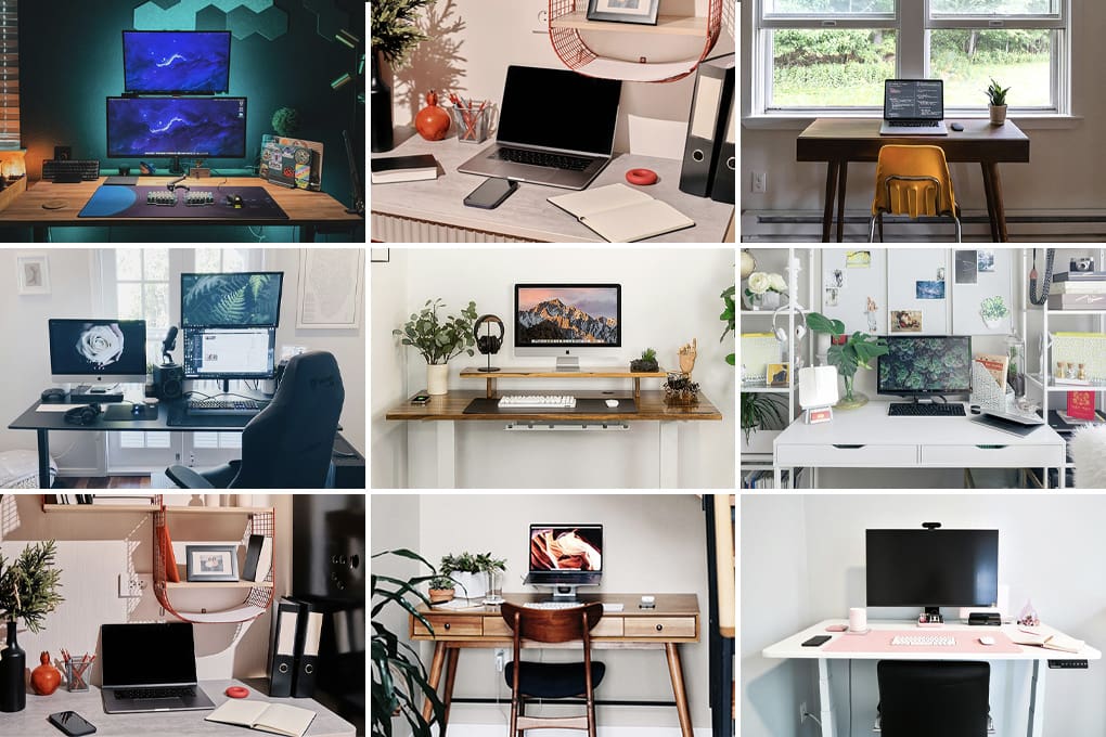Nine stylish, personalized home office Cybersecurity setups & each workspace features elements like dual monitors, plants, art, and various tech gadgets